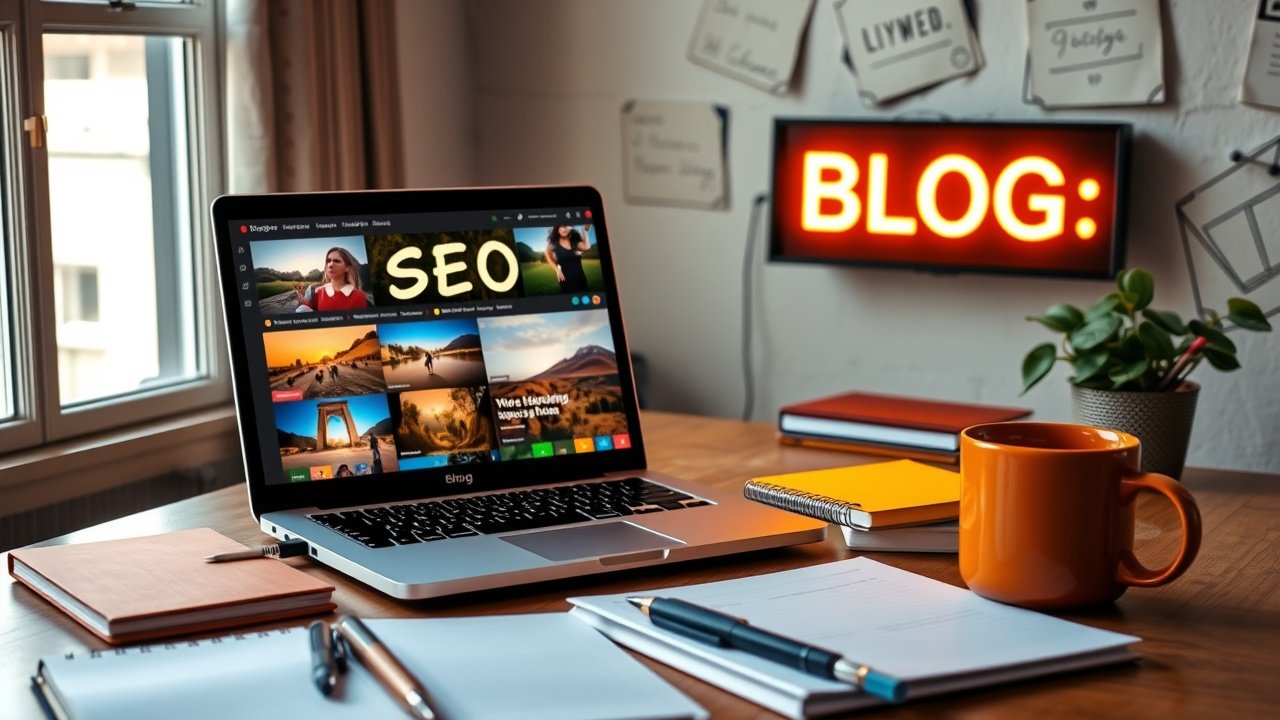 Vibrant blog workspace with laptop displaying colorful images, notebooks scattered, natural window light illuminating SEO keywords on screen, cozy coffee mug nearby., No infographics and no text