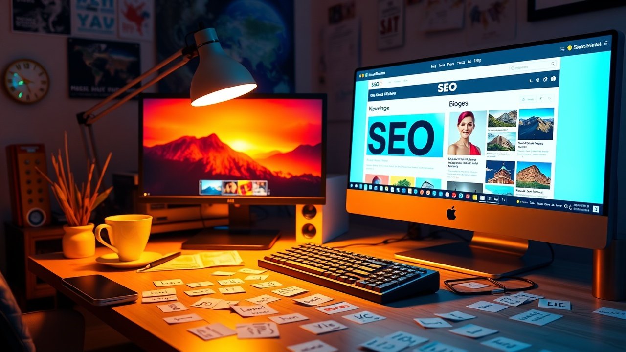 Vibrant digital workspace with glowing computer screens showing SEO-optimized blog images, scattered keyword notes, warm desk lamp illumination., No infographics and no text