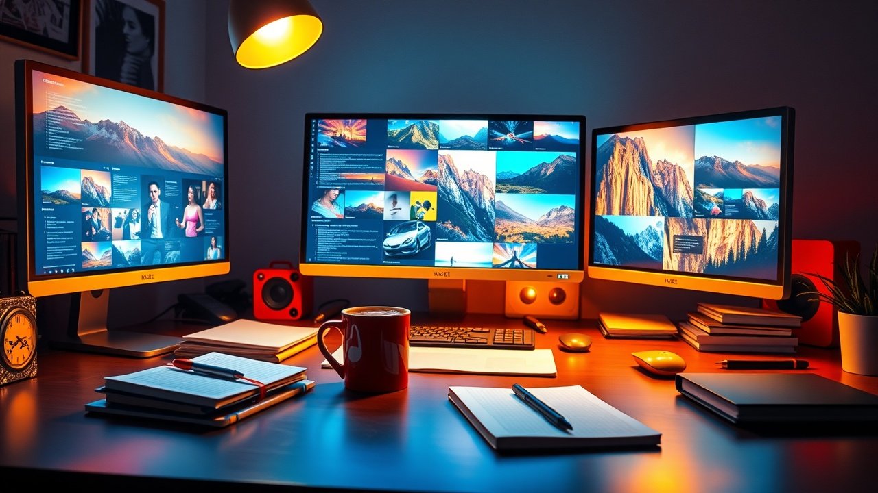 Vibrant digital workspace with glowing screens displaying colorful images, scattered notebooks, coffee mug under warm desk lamp light, No infographics and no text