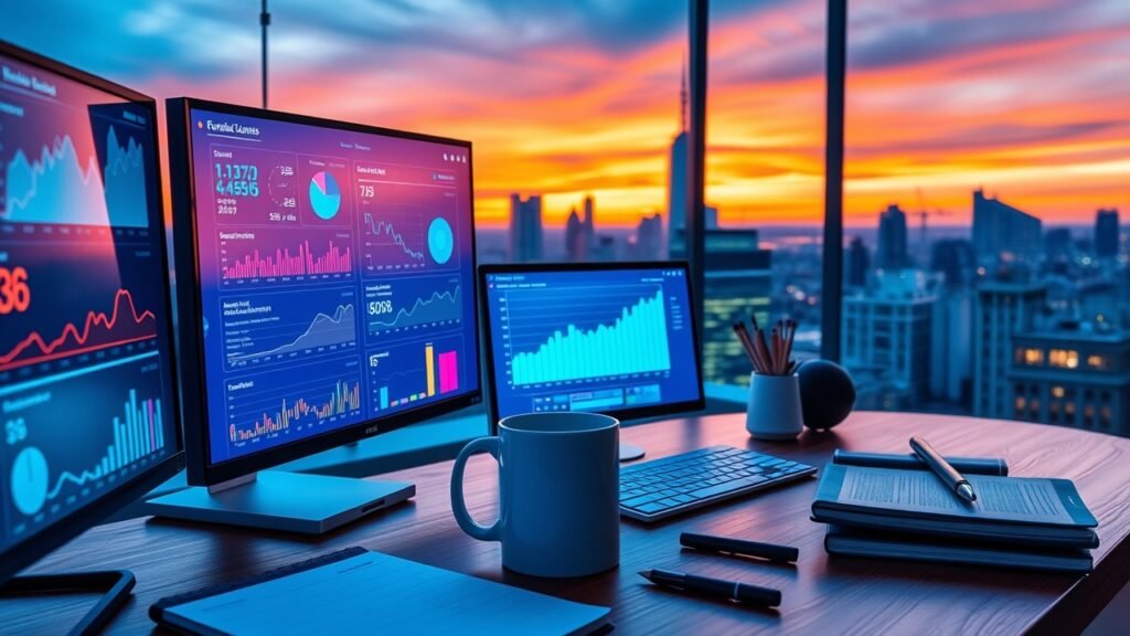 Vibrant digital workspace with glowing screens displaying data charts, coffee mug, notebooks, and city skyline view at dusk., No infographics and no text