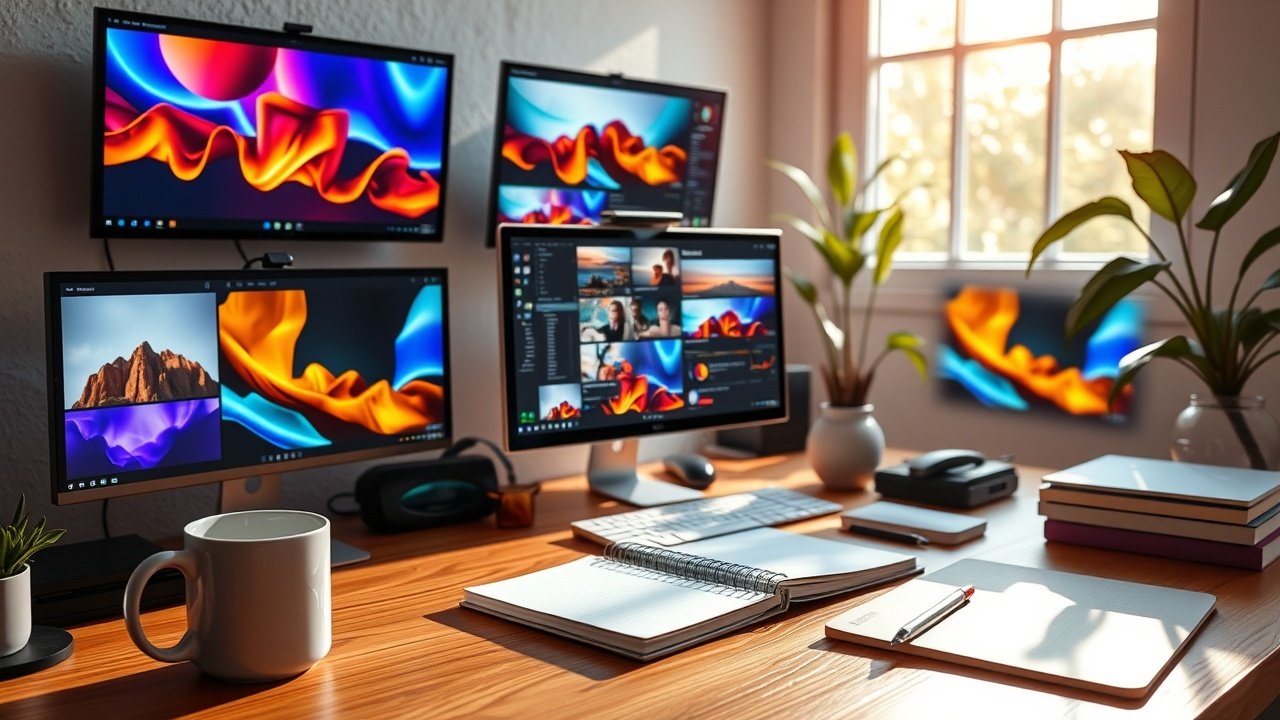 Vibrant digital workspace with glowing screens displaying colorful images, soft natural light filtering through window, wooden desk cluttered with coffee mug and notebook, no people visible., No infographics and no text