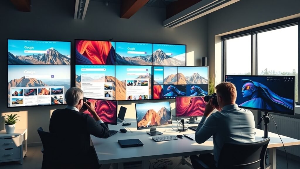 Vibrant digital workspace with large screens showing colorful images topping search engine results, soft natural light, focused professionals adjusting camera settings nearby., No infographics and no text
