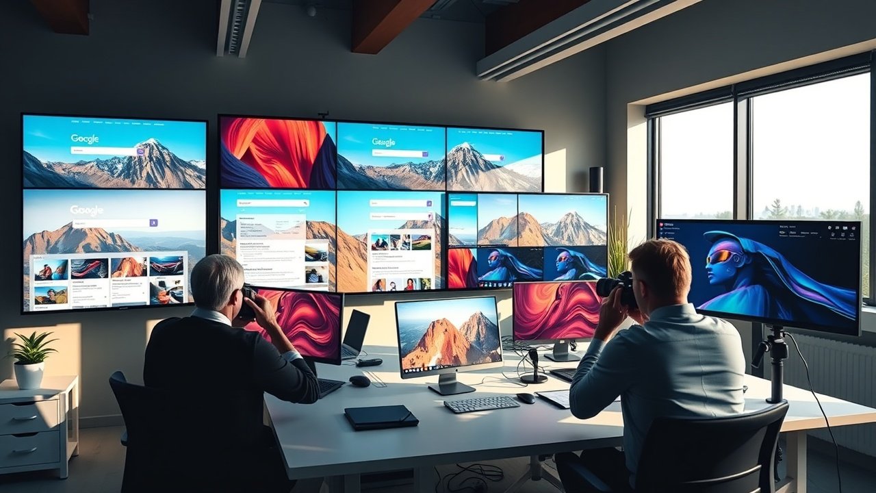 Vibrant digital workspace with large screens showing colorful images topping search engine results, soft natural light, focused professionals adjusting camera settings nearby., No infographics and no text