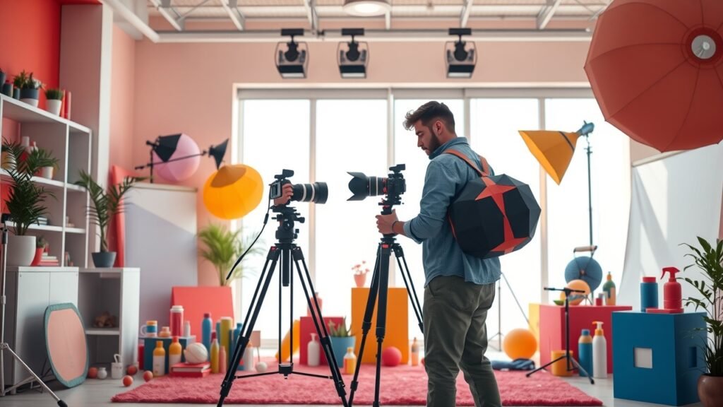 Vibrant studio scene with a photographer adjusting camera on tripod, surrounded by colorful product props and soft diffused lighting from large windows., No infographics and no text
