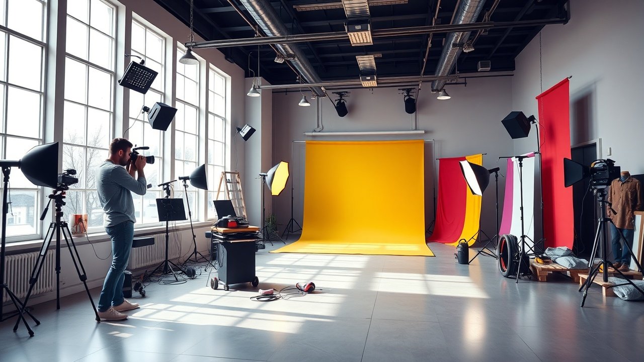 Vibrant studio scene with a photographer adjusting camera on tripod, colorful backdrops and lighting equipment scattered around, soft natural light filtering through large windows., No infographics and no text
