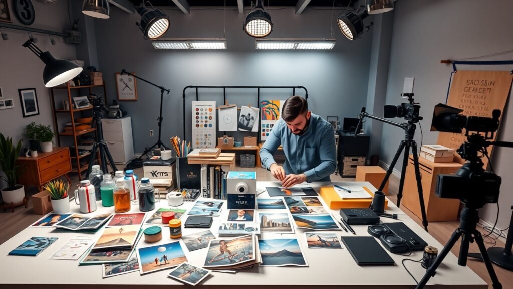 Vibrant studio scene with a strategist arranging diverse product photos on a large table, soft overhead lighting illuminating SEO keyword notes and camera equipment nearby., No infographics and no text