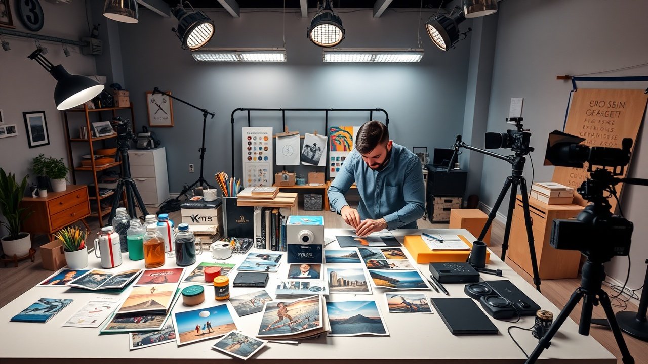Vibrant studio scene with a strategist arranging diverse product photos on a large table, soft overhead lighting illuminating SEO keyword notes and camera equipment nearby., No infographics and no text