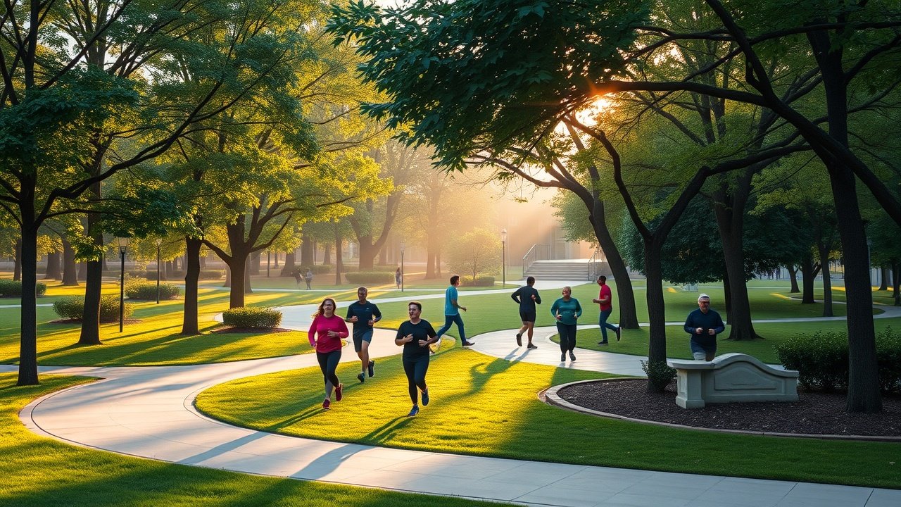 Vibrant urban park at dawn with diverse joggers on winding paths, sunlight filtering through green trees, fresh morning mist, capturing energy and wellness., No infographics and no text