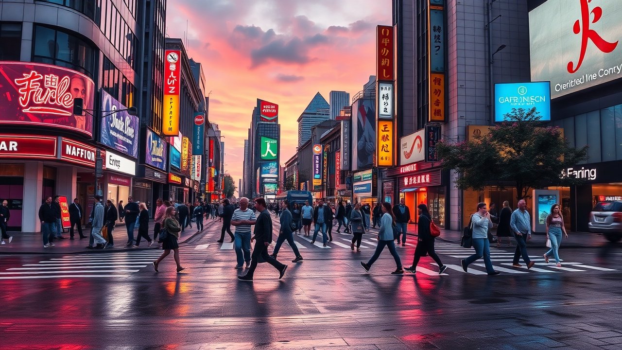 Vibrant urban street scene at dusk with diverse pedestrians crossing a busy intersection, neon signs glowing and reflections on wet pavement from recent rain., No infographics and no text