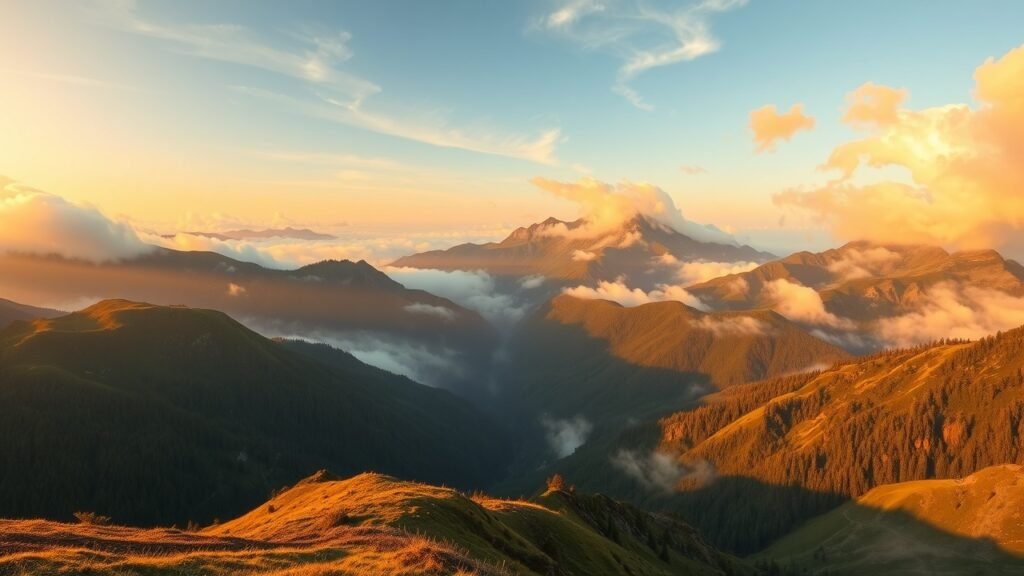 Wide angle photograph of a serene mountain landscape at golden hour, misty valleys, dramatic clouds, soft warm lighting, No infographics and no text