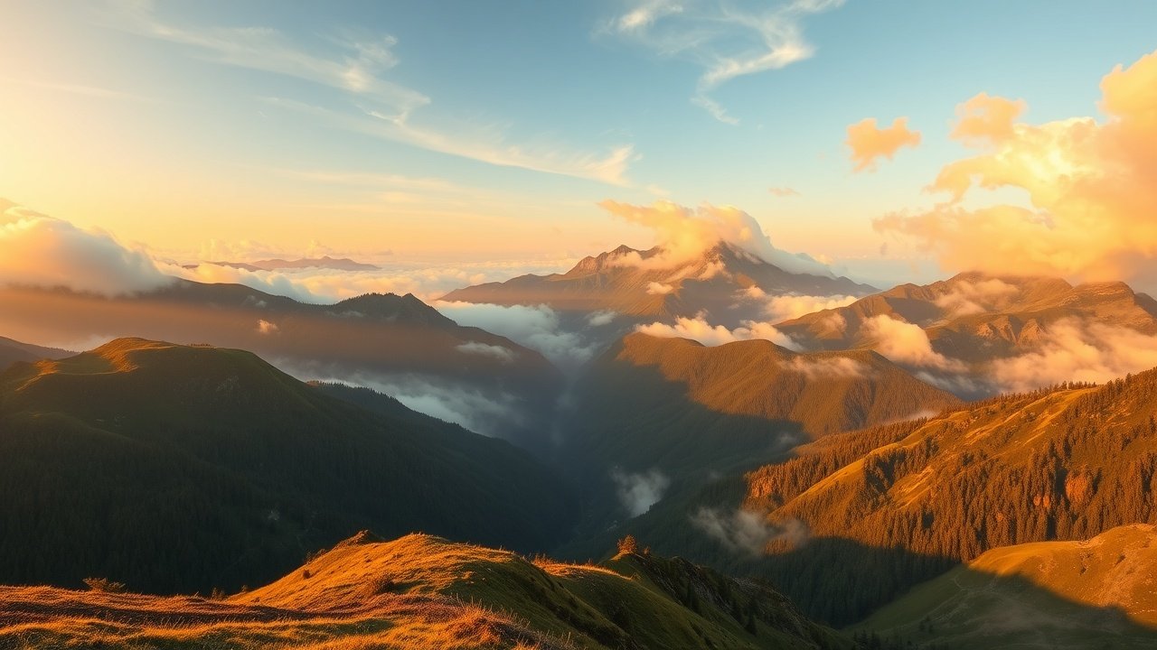 Wide angle photograph of a serene mountain landscape at golden hour, misty valleys, dramatic clouds, soft warm lighting, No infographics and no text