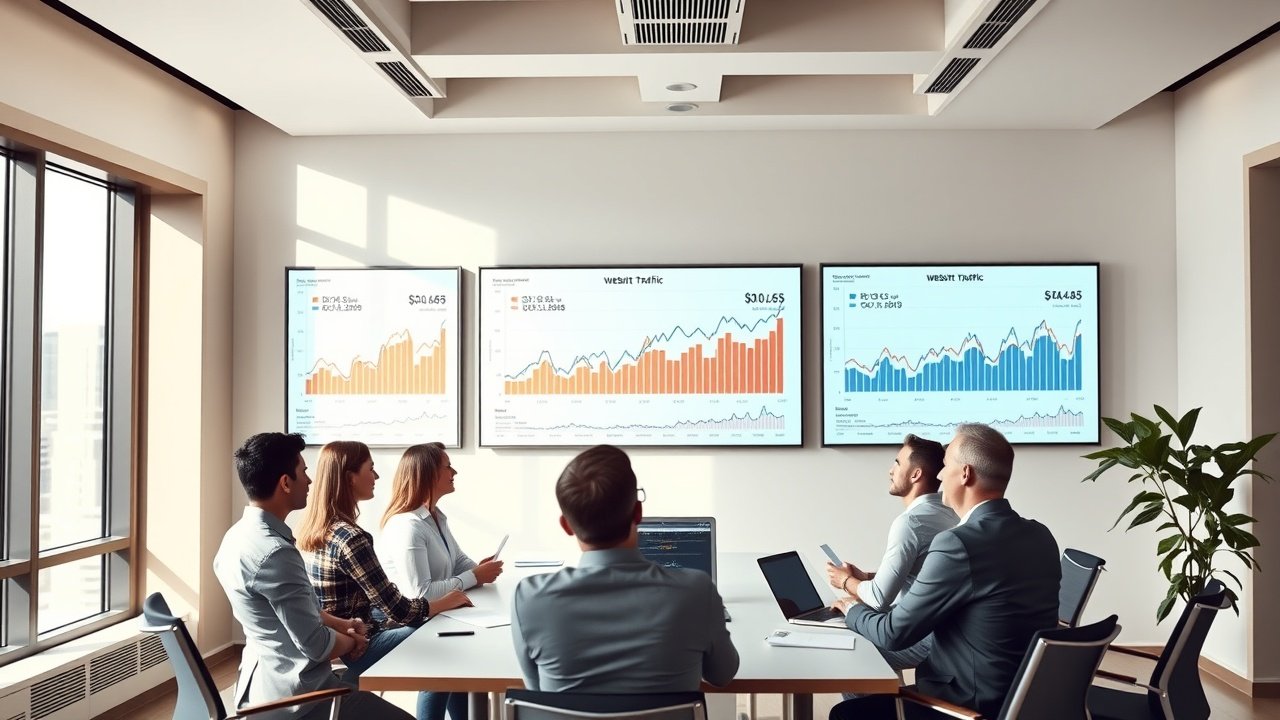 Wide-angle view of a modern conference room where professionals review large wall-mounted charts showing website traffic graphs, natural daylight streaming through windows., No infographics and no text