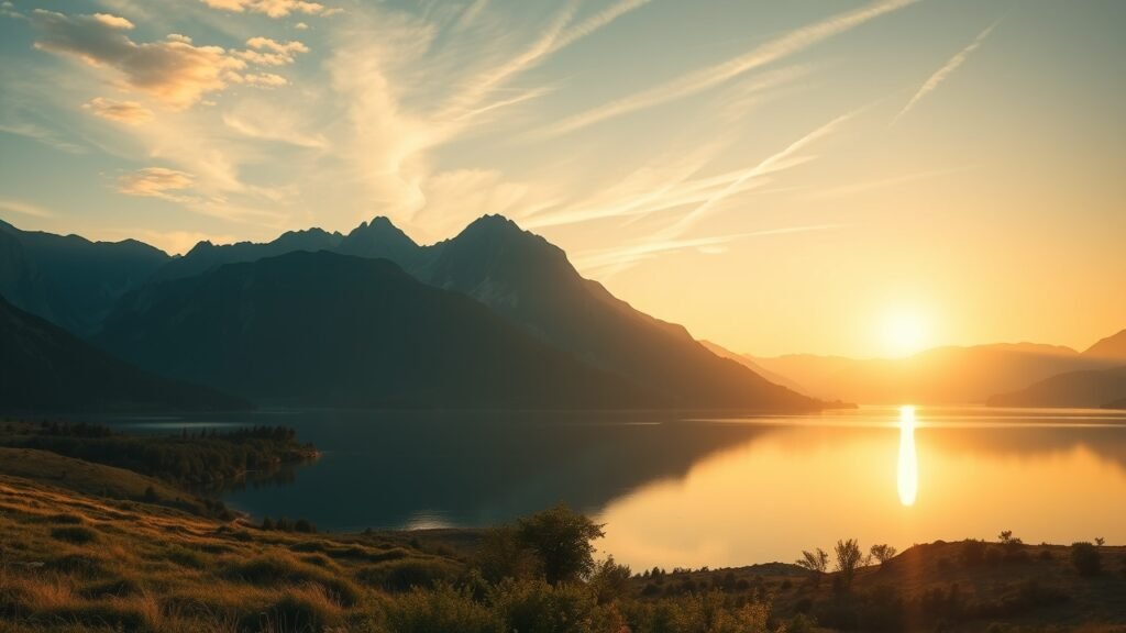 Wide scenic landscape at golden hour with mountains and calm lake reflecting soft light, No infographics and no text